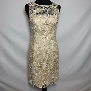 Vintage Cache’ Embroidered Lace Sheath Dress Sz 4 Gold Formal Evening Party